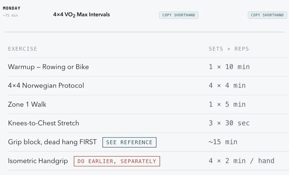 Monday's entry in the weekly training program, 4x4 VO2 max intervals of about 75 minutes, with two Copy shorthand buttons for logging the session. Below it, the day's exercises, from a rowing warmup and 4x4 intervals to a grip block, each with its sets and reps.
