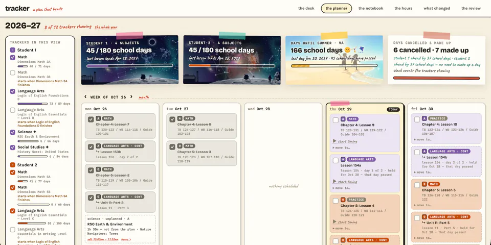 The homeschool curriculum tracker that I developed with my wife to manage the curriculum that we use to homeschool our two sons. We scan in images of the table of contents, lesson plans, and course outlines and generate the daily plans for the school year.